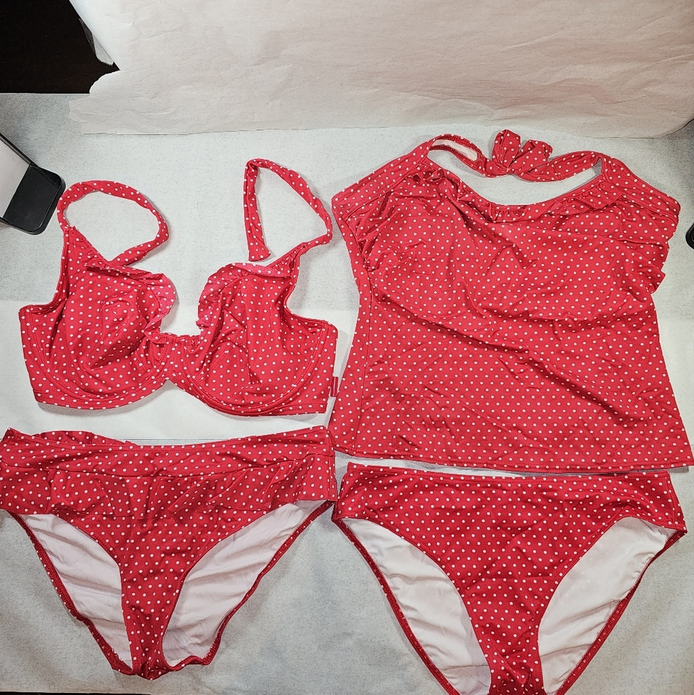Freya 4 piece 2 bikini tankini polkadot underwire 38F top XL bottom ~ 12